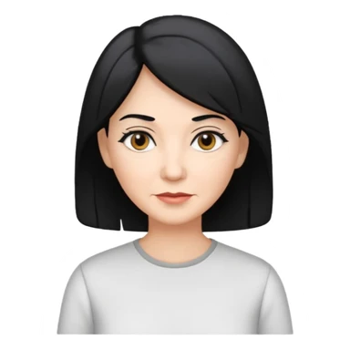 Woman in her 60s with black hair and grey highlights and white shirt sticker