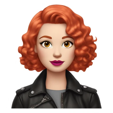 Woman with very pale skin, bright red curly short bob hair that is parted on the side, heavy cat-eye makeup, long eyelashes, bright pink blush and bright pink lipstick.  Her eyebrows are dark, arched and very high.  Hazel eyes. Wearing a leather jacket  sticker