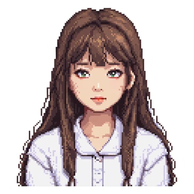 pixel art Asian girl with long hair and thin bangs, round eyes, no double eyelids sticker