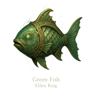 Elden Ring talisman, Green Fish, detailed fantasy accessory, ornate, mystical, inspired by in-game item sticker