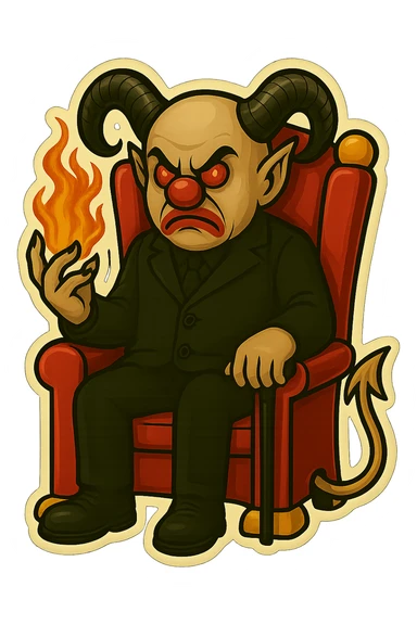 Render an evil clown wizard in retro sticker style, transparent background, sitting on a throne, wearing an all black suit, no pentagrams. Use the reference images for face, horns, and tail. sticker