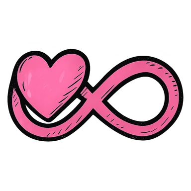 hand-drawn style pink infinity symbol with clear bold outlines, expressive stylized shadows and highlights, simple heart shape integrated as part of the infinity loop, heart forms one of the loops or is seamlessly woven into the symbol sticker
