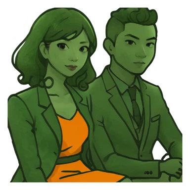 Asian straight hair women sit on asian curly hair men sticker