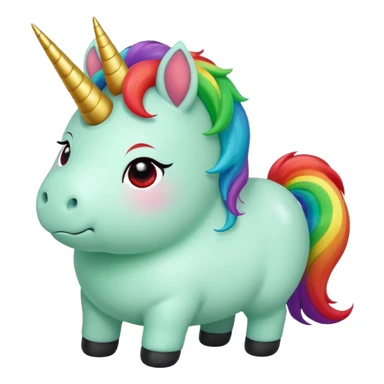 Small chubby unicorn in colours of jade green, black and red eyes, farting rainbow sticker