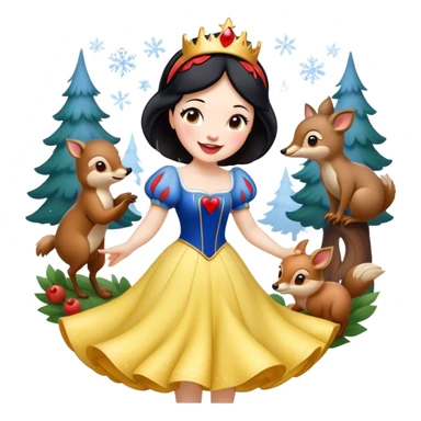 Cinematic Playful Snow White Portrait Emoji, Laughing while dancing with woodland animals, dress twirling gracefully, a whimsical sparkle in her eye, radiating charm and pure delight! sticker