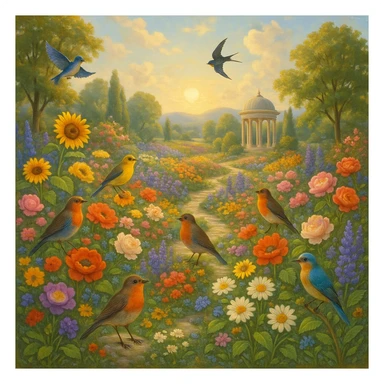 utopian garden with flowers, birds, and no cats in sight sticker