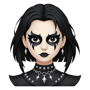 Crea una ragazza con stile black metal,  paint face black metal, capelli neri mossi dalle spalle e occhi bianchi e un collare con borchie a punta sticker
