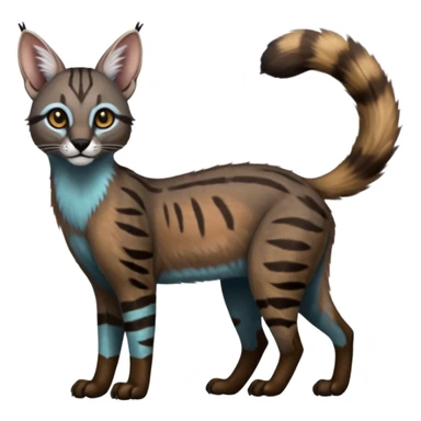 Realistic patterned marked edgy bluish greyish blackish whitish silvery coppery Shiny Colorful Dusky Dark Gloomy Glossy Genet-Caracal-Lion-Bobcat-fusion-animal-hybrid-creature, full body, tufted ears, long thin tufted tail sticker