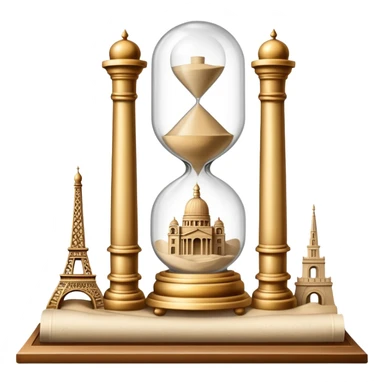 icon featuring ancient scrolls, quill pen with famous historical landmarks and monuments in the background. Large, antique sand clocks with sand pouring out represent the passage of time. Historical figures are depicted as statues. Transparent background. sticker