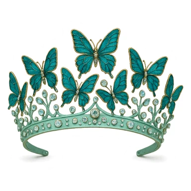 butterfly crown with a mint green base, butterflies in teal and aqua enamel, sparkling gems, transparent background sticker