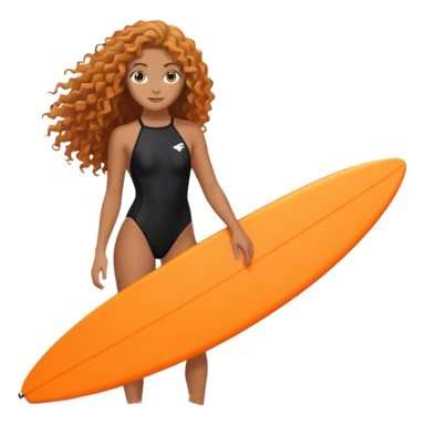Surfer girl with black swimsuit and orange surfboard and long curly hair sticker