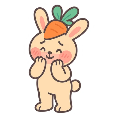 full-body beige bunny with carrot hat, blushing shyly, paws touching cheeks, bashful expression, pastel tones sticker