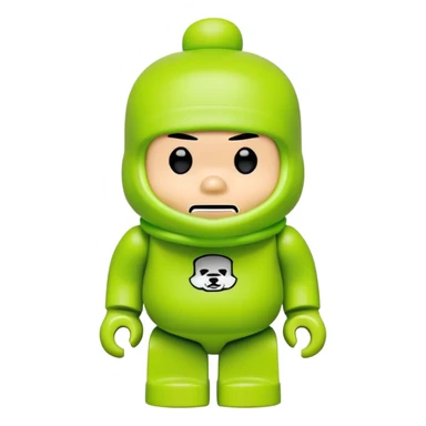 bearbrick toy wearing a lime green balaclava with Supreme logo and thick aggressive eyebrows showing above sticker