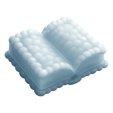 top view of a thick open book made entirely of small, very bright white fluffy convex clouds, matte glass style sticker