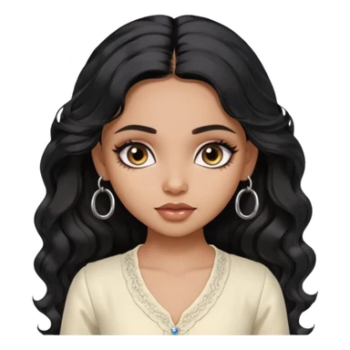 a pretty bratz dusky girl with long wavy black hair, kajal under eyes, small silver hoop. ivory coloured kurti sticker