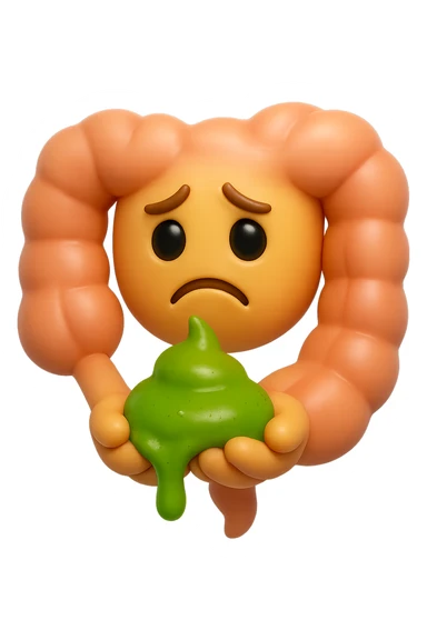 emoji stile iphone 3d di un intestino con espressione triste con cacca verde e liquida in mano , iperrealistiche 4k sticker