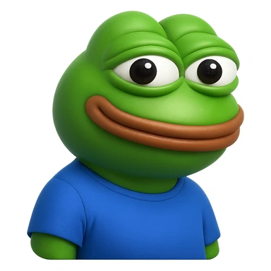 pepe in
- 3d style
- bright green
- blue shirt
- smiling
- looking straight at the camera
- good highlights and shadows
- 30deg angled towards the right
- 20% inset padding
- nice rounded cut off at the bottom sticker