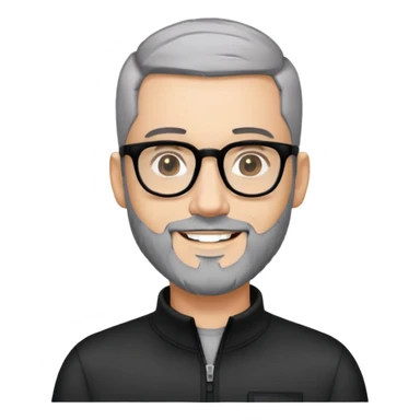 Man with light skin, black hair in near-buzz cut style (very minimal length), short peppered gray beard, large black-framed glasses, smiling face, black zip-neck long sleeve shirt sticker