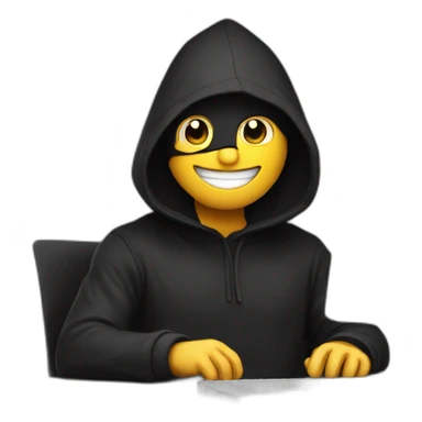 A happy Developer with a black hood behind his computer and taping on his keyboard sticker