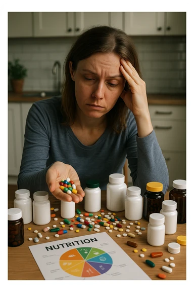 a woman in her 30s sits at her kitchen table, surrounded by dozens of supplement bottles, powders, and pills. She looks anxious and fatigued, with her head resting in one hand while the other holds a handful of colorful capsules. On the table, a nutrition chart is ignored, and her skin appears slightly dull or stressed. The mood is cautionary and educational. sticker