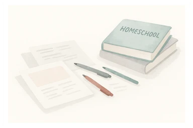 a table cluttered with paper, pens, and homeschool books, watercolor illustration style sticker