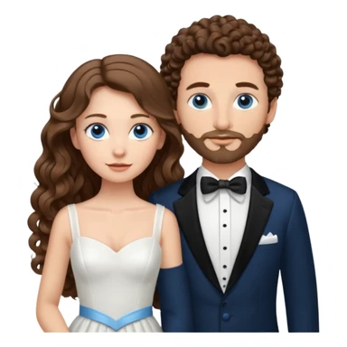 wedding couple, woman has very long and lightly curled brown hair and blue eyes, man has short light brown curly hair and facial hair with blue eyes sticker