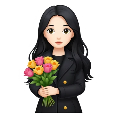 beautiful girl with long black hair wearing a black coat holding a bouquet of flowers sticker