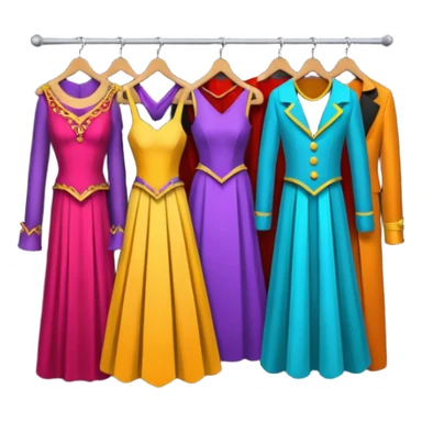 create a series of images for Theatre costumes Inventory showing a rack of costumes ready for performance sticker