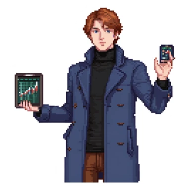 Flat pixel art, bold and charismatic male leader, Caucasian, short auburn hair, sharp eyes, wearing indigo coat over black turtleneck, one arm raised giving direction, holding tablet with graphs, waist-up, front-facing sticker