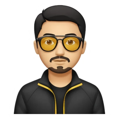 A man with middle part black hair sunglasses with yellowish glasses And black jacket. Goatee short black beard sticker