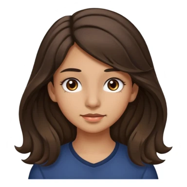 Create a emoji of a girl teen (14 years old) with dark brown hair and a little bit lighter brown in the end of the hair (but mixed) and waves in the hair, long hair, with MEDIUM FAIR TO OLIVE skin tone, dark brown eyes, perfect nose, long eyelashes sticker
