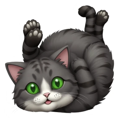 solid dark grey cat with green eyes, completely solid grey face, white toes/paws playing rolling upside down sticker