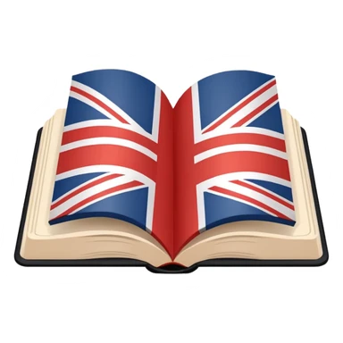 Minimalistic flat vector icon, iOS style, thin black contour on white background. Open book with a small UK/USA flag symbol. No text, no shadows. sticker