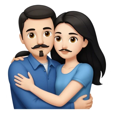 a white girl with long black hair, hugging a white guy with short brown hair goatee mustache sticker