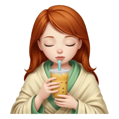 dark ginger haired girl with pale skin, wrapped in a blanket, sipping boba, eyes closed sticker
