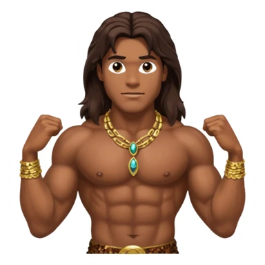 Tarzan with long dark brown hair, brown sequin loincloth, shirtless with necklace sticker