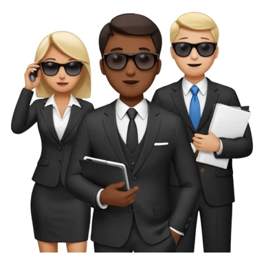 Команда в деловых костюмах из трёх человек. на переднем палне Мужчина впереди общается по смартфону, дальше женщина слева стоит с ноубуком, мужчина справа держит бумаги. У всех людей разные, но позитивные эмоции. Все троя в солнцезащитных очках sticker