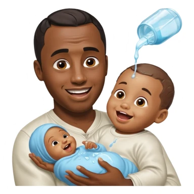 Sean “Diddy” Combs with baby oil and a very small infant and he’s pouring the baby oil on the infant that is laughing with a very exaggerated expression sticker