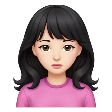 wavy long black hair with bangs, small lips, downturned black eyes, small large nose, pink clothes  sticker