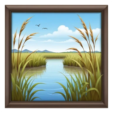 Cinematic Realistic Wetlands Emoji in a wooden frame, Peaceful and serene, with tall grasses swaying in the breeze and soft, muddy waters reflecting the sky above. Small birds and insects flit among the reeds while lily pads float lazily across the surface, punctuated by the occasional croak of a frog or splash of a fish. Soft glowing outline, capturing the essence of a calm, tranquil wetland brimming with life and natural beauty. sticker