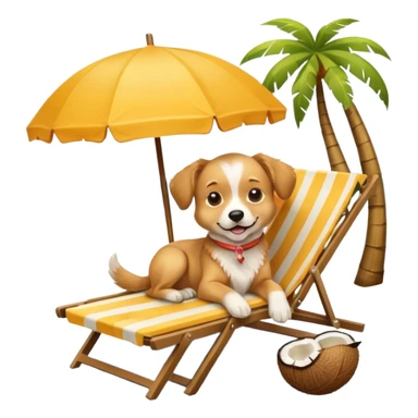 a dog laied on a beach chair, a sunny beach, a sun umbrella, and beach coconut trees. the icon should capture the essence of a relaxing beach vacation with a carefree atmosphere sticker