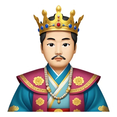 Cinematic Realistic King Sejong Portrait Emoji, depicted as a wise benevolent monarch in traditional Korean royal attire with a thoughtful gaze, rendered with intricate textures and regal soft lighting that captures his historical significance. sticker