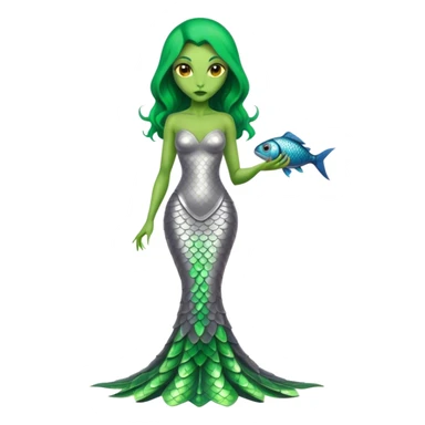Green Alien woman with fish scales in silver dress, full figure, yellow eyes sticker