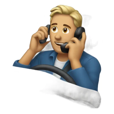 A man driving talking on the phone and having a coffee sticker