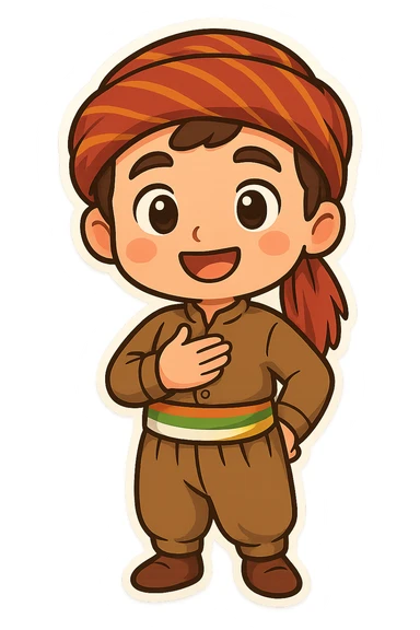cartoon sticker of a Kurdish boy in traditional clothing, hand on chest (salute) pose, open smile, colorful and cheerful, no text, suitable for WhatsApp and Instagram sticker