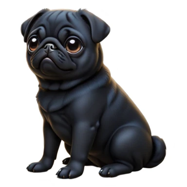cinematic-[black pug]-realistic-full-body-sitting-emoji,-tail-resting-loosely-beside-its-paws,-head-tilted-dramatically, -sleek-[black]-fur,-simplified-yet-realistic-focused-features,-highly-detailed,-glowing-with-an-almost-sarcastic-glow sticker