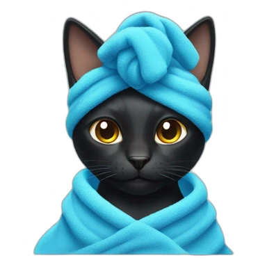 black cat with a blue towel on his head after a shower sticker