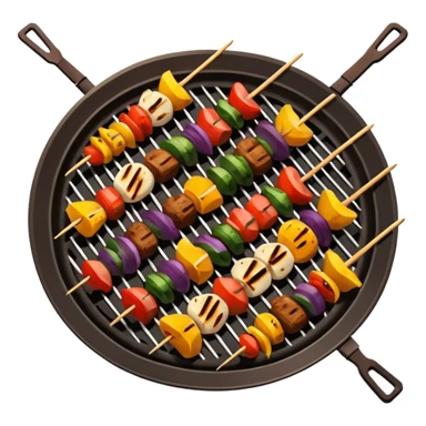 Grilled dishes avatar in bright emoji-style illustration. Skewers, BBQ, and grilled vegetables, warm fire tones, simple shapes, flat design, high contrast, tasty and inviting. sticker