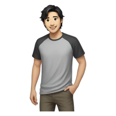 guy, black hair, medium length hair, in his 20s, very asian, smiling, t-shirt only, slight brown skin, dark brown eyes, slighty wavy hair sticker