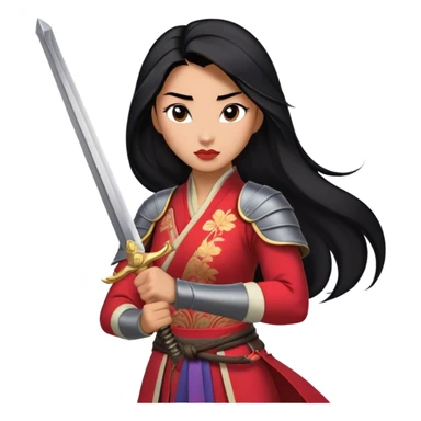 Cinematic Realistic Mulan Portrait, depicted with lifelike skin texture, soft natural lighting, and intricately detailed long black hair styled elegantly. Her deep, expressive eyes exude determination and grace, complemented by a serene yet confident expression. She stands with one hand resting on the hilt of her sword, the other by her side, exuding strength and poise. She is dressed in her classic attire, with rich fabric textures and delicate folds that catch the light beautifully. The portrait features a soft, enchanting glow with a natural, radiant finish, capturing the essence of timeless strength and beauty in a realistic and painterly style, evoking a sense of depth and authenticity. sticker